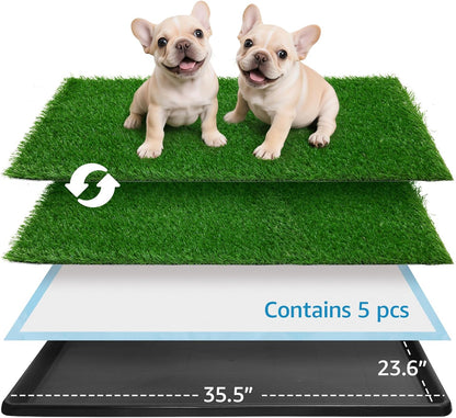 Dog Grass Pad with Tray,35.5” x 23.6” Indoor Dog Potty System 2 Pics Replacement Artificial Grass Mats-5 Pics Disposable Puppy Pads,for Puppy Training Apartment,Balcony and Apartment Use