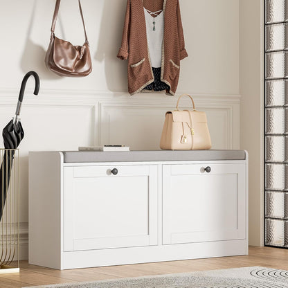 MHOM White Entryway Bench with 2 Flip Drawers, Shoe Bench with Padded Seat Cushion, Wooden Shoe Storage Bench for Entryway and Apartment