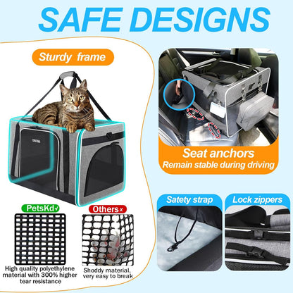 Petskd Extra Large Cat Carrier with Wheels and Litter Box 24"x17"x17" for Large Cat or 2 Small Cats, Collapsible Soft Sided Pet Carrier for Car Travel with Lockable Safety Zippers(Grey)
