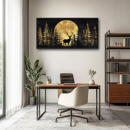 Large Moon Deer Forest Wall Art for Living Room, Black Gold Canvas Oversized Wall Decor, Elk Animal Framed Pictures Painting Print Artwork for Bedroom Office 60L" x 30W"