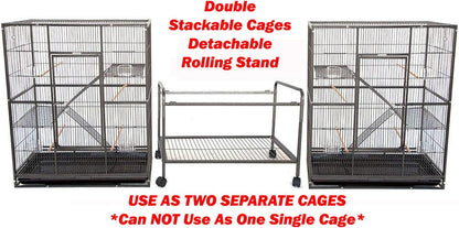 Large Double Stacker Breeding Flight Bird Wrought Iron Double Parrot Bird Separate Breeder Cages Side Nesting Box Doors Easy to Clean Bottom Grates and Trays Removable Rolling Stand