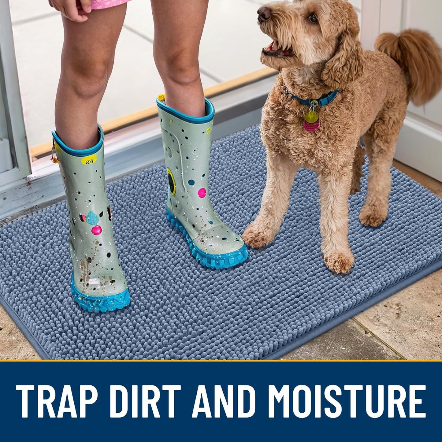 Smiry Dog Door Mat for Muddy Paws 30x20, Absorbs Moisture and Dirt Doormat, Non-Slip Washable Quick Dry Chenille Front Door Mat Indoor Entrance, Entryway Carpet for Inside Floor, Airy Blue