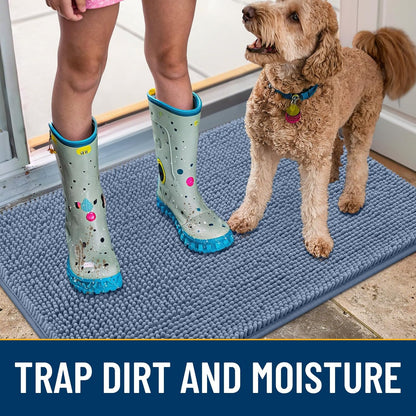 Smiry Dog Door Mat for Muddy Paws 36x24, Absorbs Moisture and Dirt Doormat, Non-Slip Washable Quick Dry Chenille Front Door Mat Indoor Entrance, Entryway Carpet for Inside Floor, Airy Blue