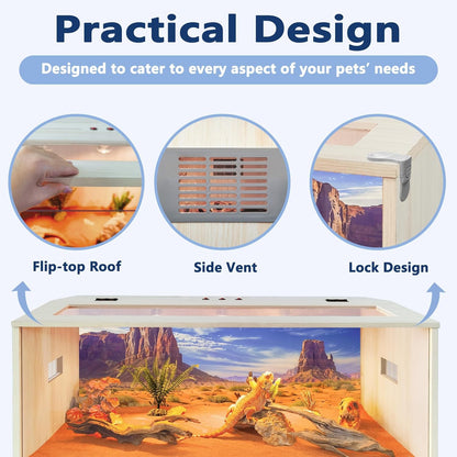 Prolee Reptile Terrarium, Lizard Tank Up to 68 Gallons, Bearded Dragon Tank with Roof Door, Snake Tank with Built-in Lamp Fixture and Switch (68 Gallon, 48" Long, Openable Wood Roof)