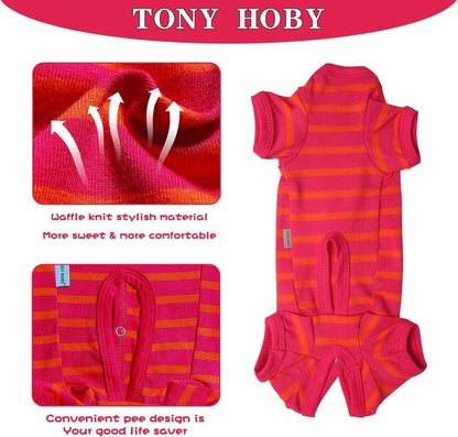 TONY HOBY Female/Male Dog Pajamas, Dog Jumpsuit 4 Legged Pajamas with Stripes, Soft Cotton for Comfortable Sleep (Rose Red&Orange, Boy, L)