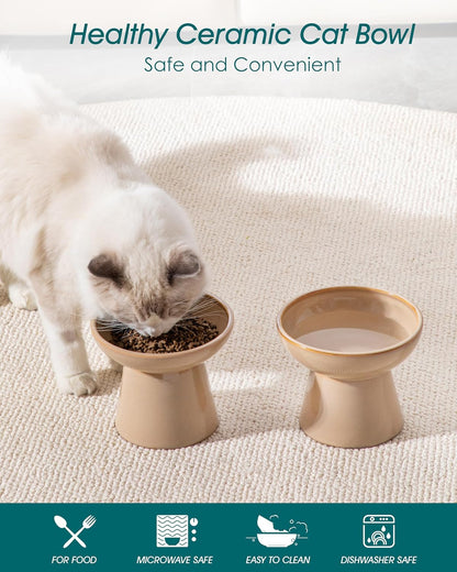vancasso Ceramic Elevated Cat Bowls 2-Pack - 6.2" Extra Wide Raised Cat Food & Water Dishes, 5.1" Optimal Height Anti-Whisker Fatigue Shallow Bowls for Cats/Kittens/Dogs, Lead & Cadmium Free (Brown)