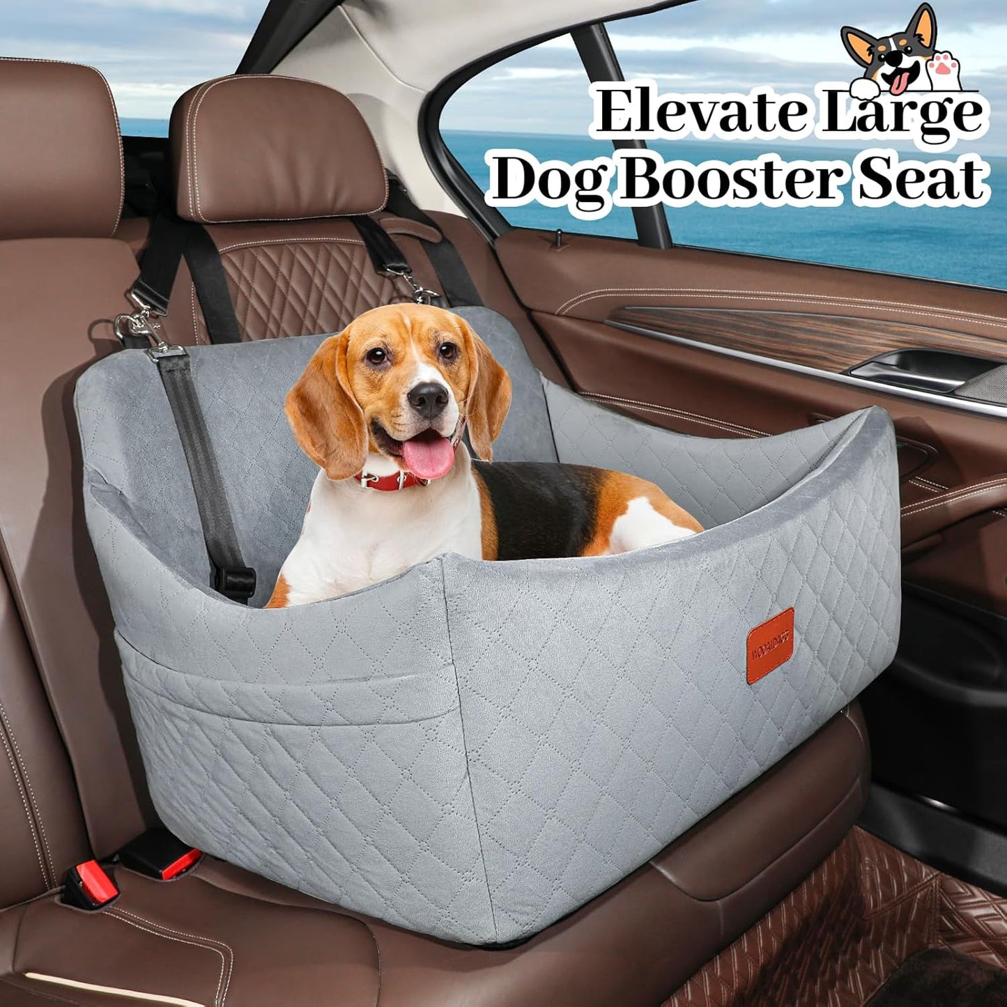 Dog Car Seat for Medium & Large Dogs Up to 55lbs, Memory Foam Cushion, Washable Cover, Safety Straps & Non-Slip Base(Grey,Large)