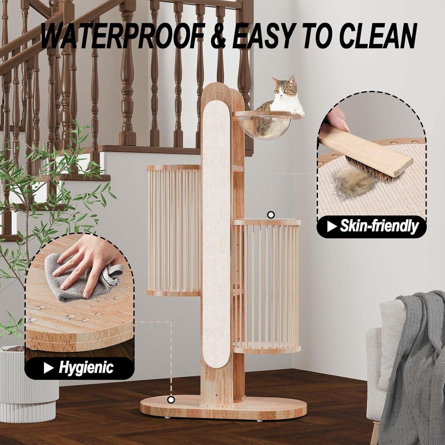 Modern Cat Tree Tower for Indoor Cats, 67" Tall Solid Wooden Cat Tower with Scratching Posts, 6 Level Natural Luxury Cat House with Big Bed, Washable Cushions Cat Furniture for Large Cats White