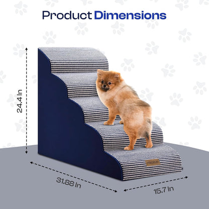 Curved Dog Stairs for High Bed Up to 26", 5-Step Dog Ramp for Small Dogs with Washable Cover, Non-Slip Steps for Cats to Get on Couch and Sofa, Durable Foam Ladder for Medium Breeds, White Navy