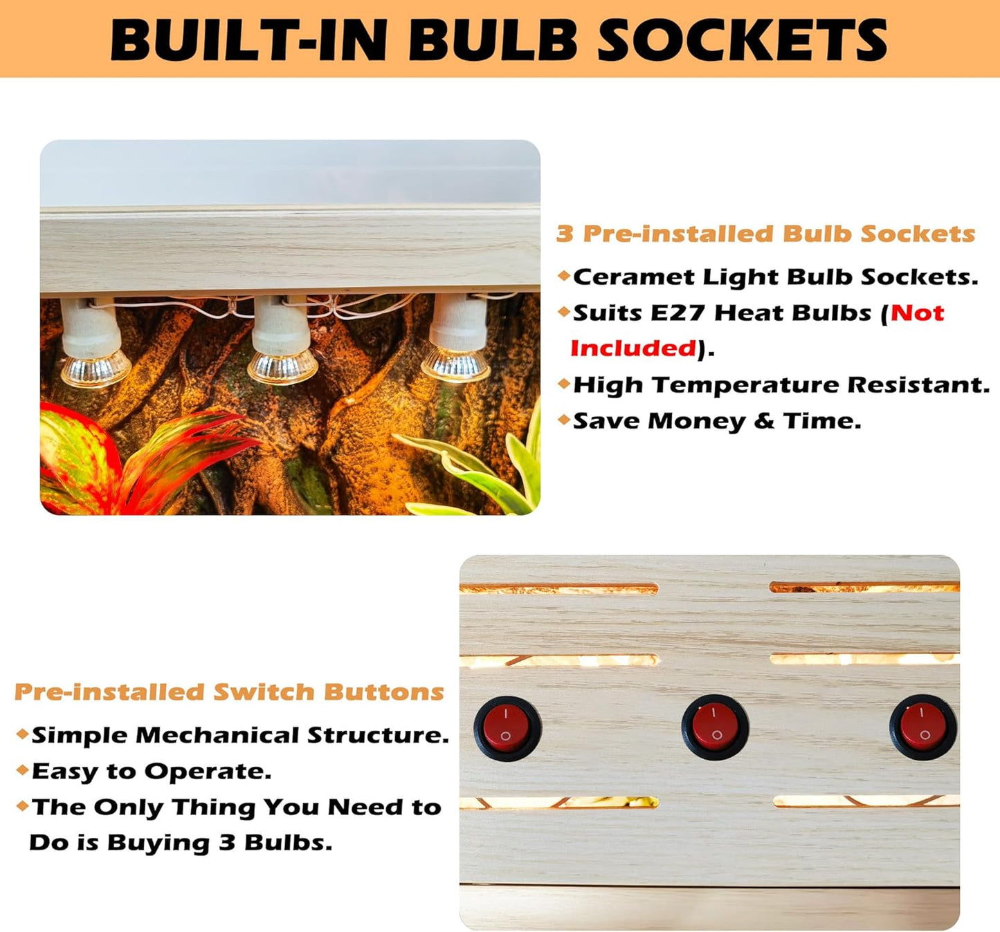 Prolee Bearded Dragon Tank 70 Gallon, Reptile Enclosure, Snake Tank, Reptile Terrarium, Built-in Light Fixtures with Switch, 48" L x 20" H x 20" D