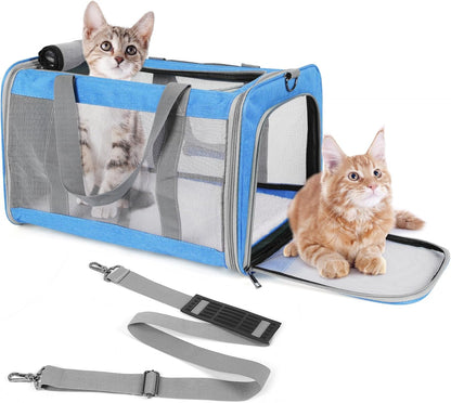 Pet Carrier for Large Cats of 20 Lbs, Collapsible Carrier Bag for Big Cat or 2 Kittens,Soft Sided Puppy Carrier with Sturdy Travel Transport Strap, Adequate Ventilation, 4 Mesh Windows (Blue)