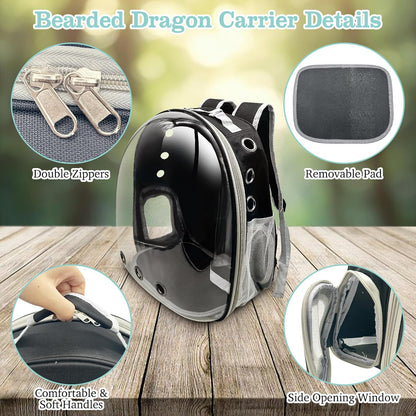 PINVNBY Bearded Dragon Carrier Backpack with Harness and Leash Set Large Reptile Travel Carrier Portable Lizard Backpack Clear Bubble Window Small Animal Carrying Bag for Gecko Kitten Rabbit (Black)