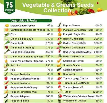 75 Vegetable & Greens Seeds Variety Pack, Garden Seed Starter Kit - Over 44,700 Non-GMO Heirloom Seeds for Planting Vegetables and Greens, Gift Seed Box with Gardening Supplies, Survival Kit