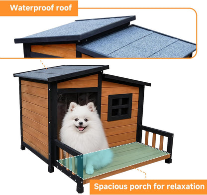 GARWOOD Large Outdoor Indoor Wooden Dog House for Small Large Dog Kennel Wood Sturdy Pet Puppy Warm Home with Durable Weatherproof Asphalt Roof Insulated Elevated Floor Outside Shelter Brown 39x37x30“
