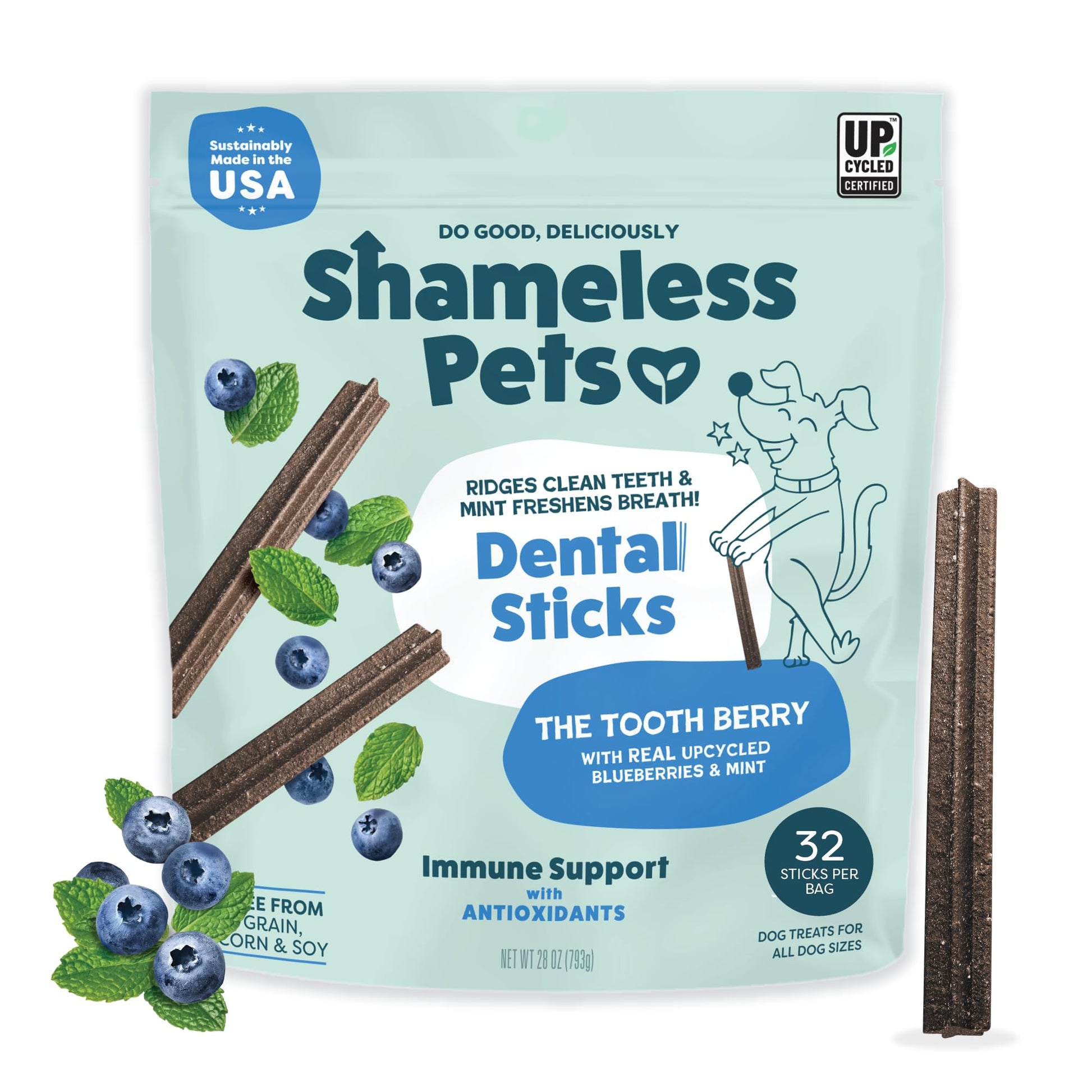 Shameless Pets Blueberry & Mint Dental Chews for Dogs. Chosen for real quality, fits naturally into