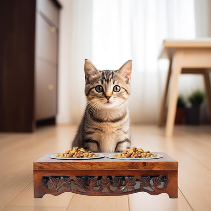 Elevated Pet Feeder for Dogs and Cats - Scroll Carved Wood Raised Dog Bowl Stand - Pet Feeding Stand with Two Steel Bowls - Raised Dog Bowl for Food and Water - Pet Feeding Station -17x11x4- IRONGATE