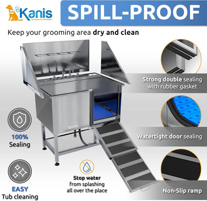 KANIS Professional Dog Washing Station - 304 Stainless Steel Pet Wash Sink & Grooming Bath Tub for Home with Ramp, Shower, Floor Grate, Storage Shelf, Faucet, Drain Kit for Large, Medium & Small Pets