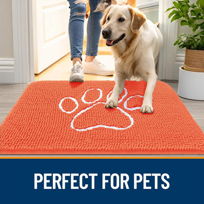OLANLY Door Mat for Muddy Dog Paws 36x24, Ultra Absorbent Chenille Mud Doormat with Paw Print Design, Non-Slip Washable Doormat for Indoor Entryway, Quick-Dry Pet Bed Mats for Dirty Dogs, Coral