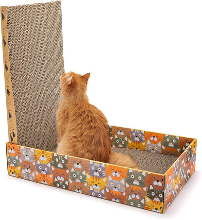 Set of 2 Cardboard Cat Scratchers, 6 Pcs Corrugated Cat Scratch Pad with 2 Boxes, Cute Reversible Kitty Sofa Bed, Refillable Wave Shaped Lounge, Interactive Kitten Toy for Indoor Cats
