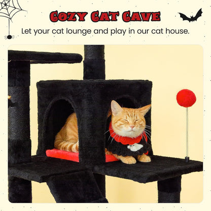 MWPO Gothic Cat Tree for Indoor Cats, 63.8 Inches Multi-Level Cat Tower with Sisal-Covered Scratching Posts, Padded Platform, Hammock, Dangling Toys, Stable Cat Condo Pet Play House, Black