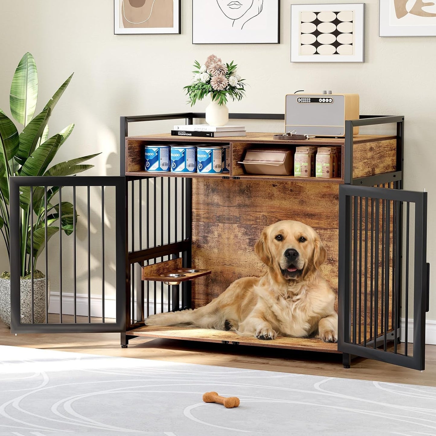 Large Dog Crate Furniture, 48 Inch Wooden Dog Crate, Heavy Duty Dogs Kennel with 2 Drawers Storage, 360° Adjustable Raised Feeder, Indoor Dogs House End Table