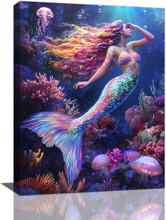Sea Mermaid Bathroom Pictures Wall Art, Ocean Mermaid Bathroom Wall Decor, Aesthetics Framed