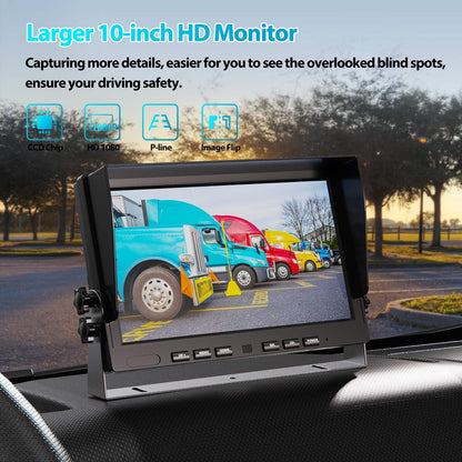 Fookoo ??10" 1080P Wired Backup Camera System,10-inch HD Dual Split Screen Monitor with Recording IP69 Waterproof Rear View Camera Parking Lines Supports Up to 2 Cameras for Truck/Trailer/RV(DY101)