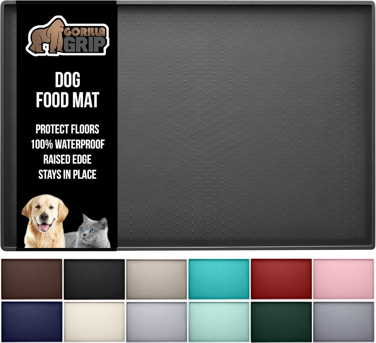GORILLA GRIP 100% Waterproof Raised Edge BPA Free Silicone Pet Feeding Mat, Dog Cat Food Mats Contain Spills Protects Floors, Placemats for Cats and Dogs Water Bowl, Pets Accessories 28x18 Charcoal