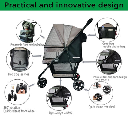 ROODO Escort 3 Wheel Dog Cat Pet Stroller for Small/Medium Dogs Cats Best Lightweight Foldable Portable Compact Jogger All Terrain Travel Pet Gear System Puppy Doggie Bunny Kitty Stroller(Grey)