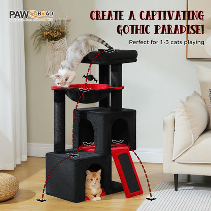 PAWZ Road Large Cat Tree, 41 Inches Gothic Cat Tower with 2 Spacious Condos for Indoor Cats, Large Black Cat House with Comfy Hammock, Padded Perch, Scratching Pad and Replaceable Balls-Black