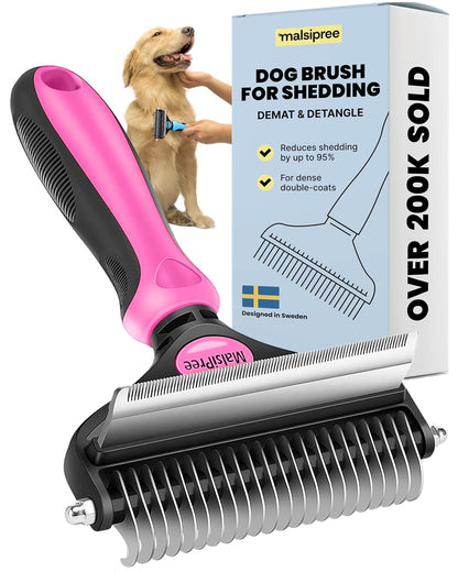 MalsiPree Dog Brush for Shedding - 2 in 1 Undercoat Rake Deshedding Tool for Medium to Large Double-Coated Dog Grooming - Pet Dematting Comb - Pet Deshedder (Pink)