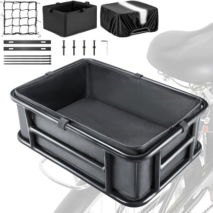 Bike Basket Rear with Liner,Waterproof Cover,Cargo Net Large Rear Bike Basket,Heavy Duty Bicycle Rear Basket for Electric Bike, Ebike,Great for Bike Trip,Carrying Grocery,Ball,Dog