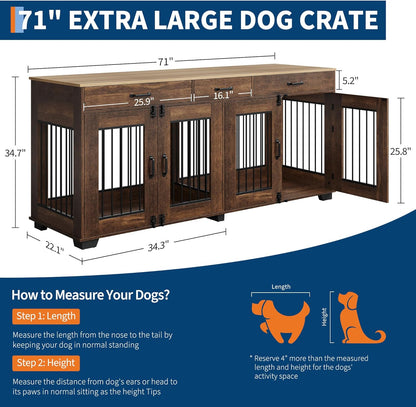 71 Inch Dog Crate Furniture for 2 Rooms, Wooden Double Crate Large Breed with Door, Dog Kennel Indoor, TV Stand End Table with Divider for Large Medium Dogs,Brown