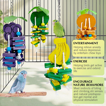 Hamiledyi Natural Wood Block Bird Cage Toys Parrot Chewing Toy Orange&Apple& Banana&Grapes Shaped Hanging Foraging Toy for Small&Medium Birds Parakeets Cockatiels,4pcs