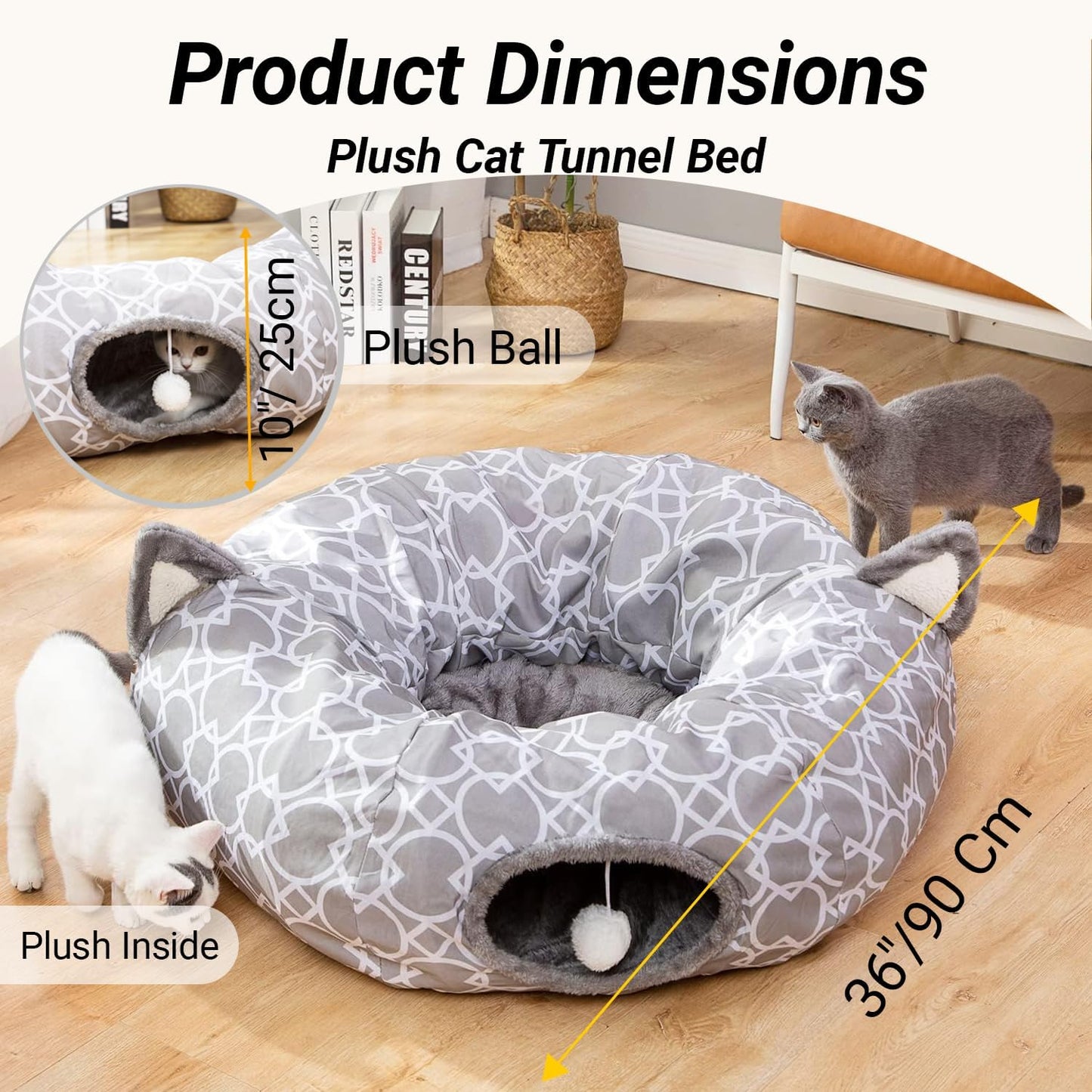 LUCKITTY Geometric Cat Tunnel Bed Oxford Outside with Plush Inside,Cats Toys Collapsible Tunnel Tube with Balls, for Rabbits, Kittens, Ferrets,Puppy 3FT