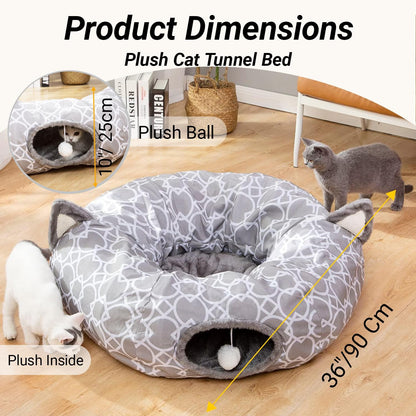 LUCKITTY Geometric Cat Tunnel Bed Oxford Outside with Plush Inside,Cats Toys Collapsible Tunnel Tube with Balls, for Rabbits, Kittens, Ferrets,Puppy 3FT