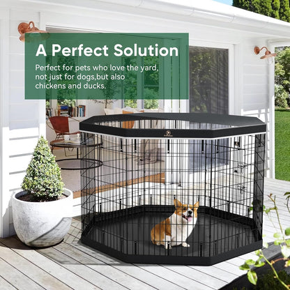 PJYuCien Dog Playpen, 8 Panels 42’’H Dog Pens Indoor with Bottom Pad and Top Cover, Metal Foldable Pet Puppy Exercise Fence Crate Kennel, Better for Medium and Big Animals,Black