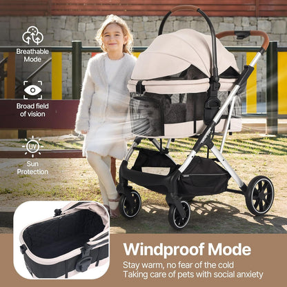 T6 Luxury Pet Stroller for Medium Dogs Up to 66lbs or 2 Small Pets – 3-in-1 Dog & Cat Stroller with Removable Carrier, Foldable & Lightweight (Beige & Net Wall)