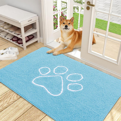 OLANLY Door Mat for Muddy Dog Paws 48x30, Ultra Absorbent Chenille Mud Doormat with Paw Print Design, Non-Slip Washable Doormat for Indoor Entryway, Quick-Dry Pet Bed Mats for Dirty Dogs, Blue