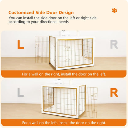 DWANTON Dog Crate Furniture with Cushion, Wooden Kennel Table with Double Doors, Indoor Dog House, Extra Large Size, 43.3" L, White+Gold