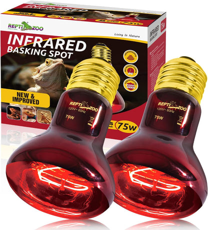 REPTI ZOO 75W Reptile Heat Lamp Bulb 2PCS Infrared Heat Emitter Red Heat Lamp for Reptile Amphibian, Infrared Basking Spot Light Bulb