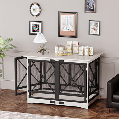 COZPAW Large Dog Crate Furniture - 48 inch Heavy Duty Dog Kennel Indoor for XLarge Breed with Double Doors, Wooden Dog Cage XL Modern Decorative End Table Pet House (White)