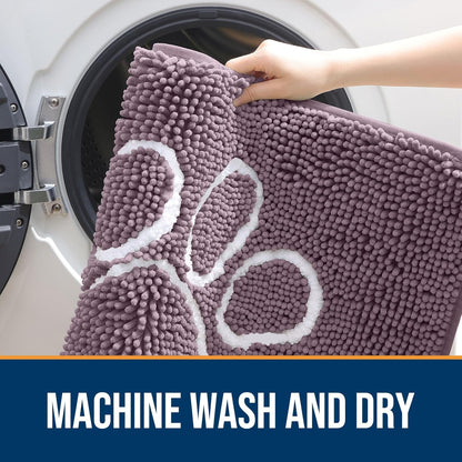 OLANLY Door Mat for Muddy Dog Paws 36x24, Absorbent Chenille Mud Doormat with Paw Print Design, Non-Slip Washable Doormat for Indoor Entryway, Quick-Dry Pet Bed Mats for Dirty Dogs, Deep Plum