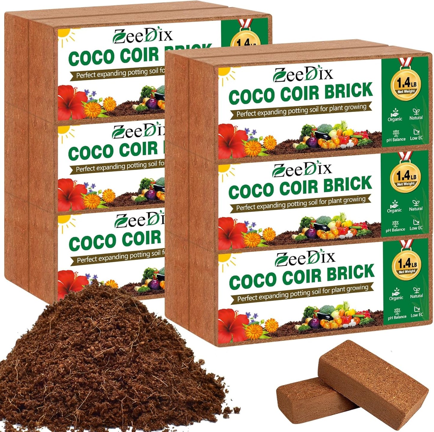 ZeeDix 12 Pcs Premium Coco Coir Brick- Natural Compressed Coconut Coir Bricks Coco Coir Fiber Potting Soil with Low EC and pH Balance, 100% Organic Coconut Coir for Plants Gardening Herbs Reptiles