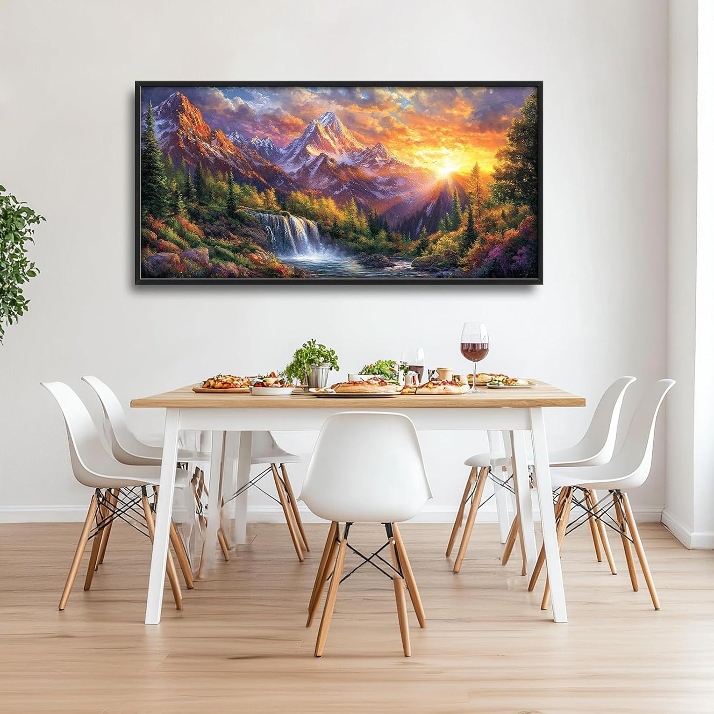 Large Mountain Tree Wall Art for Living Room, Framed Oversized Sunset Waterfall Wall Decor Nature Landscape Canvas Painting Modern Artwork for Living Room Bathroom Bedroom Office Dining Room 60"x30"