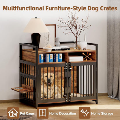 Large Dog Crate Furniture, 41 Inch Wooden Dog Crate, Heavy Duty Dogs Kennel with 2 Drawers Storage, 360° Adjustable Raised Feeder, Indoor Dogs House End Table