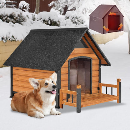 GUTINNEEN Insulated Dog House Outdoor, Waterproof Dog Kennel with Anti-Bite Design, Asphalt Roof, Elevated Base, PVC Curtain, for Small to Medium Dogs - Brown