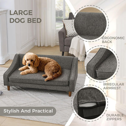Dog Sofa Couch for Medium to Large Dogs, Durable Pet Sofa with Washable Fabric, Elevated Mini Dog Bed with Wooden Legs for Medium and Large Dogs, Dark Grey