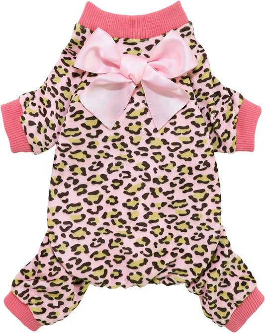 Fitwarm Leopard Dog Pajamas, Fleece Dog Clothes for Small Dogs Girl with Legs, Pet Onesie, Cat Outfit, Pink, XL
