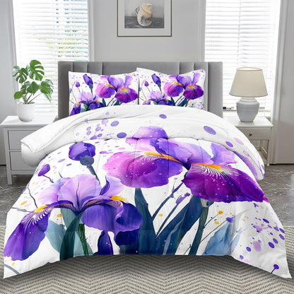 Purple Floral Comforter Set Full Size Woman,Purple Iris Comforter for Girls,Pink Flower Bedding Set Full Bedroom Decor,Floral Bedding Quilt Bed Decor Pink for Kids and Adults